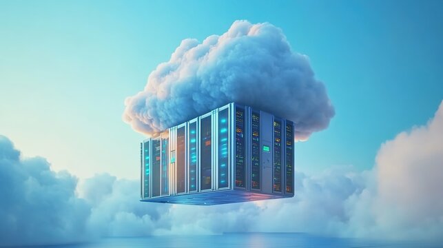 Rows of data-center servers under blue sky with a large cloud above one.