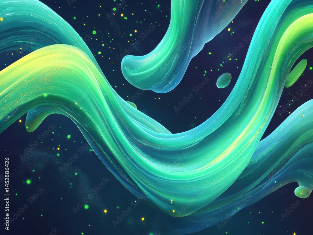 Aufkleber abstract fluid shapes in motion with vibrant green and yellow hues against a dark space background c