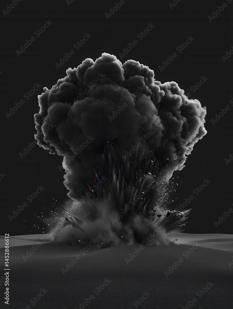 Aufkleber dramatic monochrome explosion of dust and debris on a desolate landscape creating a powerful visual 