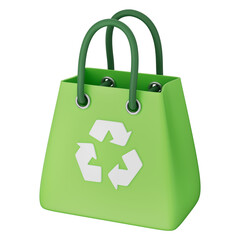 Green bag with recycle icon promotes eco friendly lifestyle, reusable cloth bag, recycled plastic, waste solution, and sustainability for plastic recovery on a transparent background, 3d illustration.