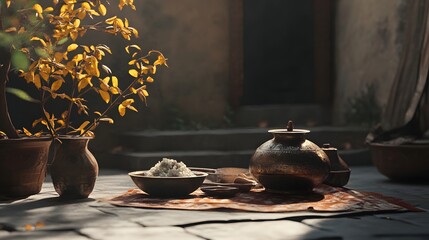 Ritha displayed with traditional utensils in a natural light setting