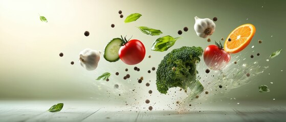 Whimsical dance of fresh fruits and vegetables in midair