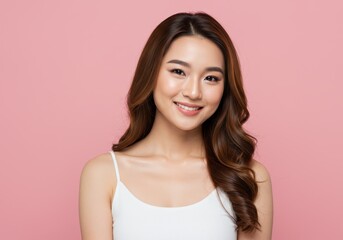 Fototapeta premium Portrait of a beautiful young asian woman with long brown hair smiling against a pink background