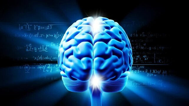 Blue Brain with Glowing Effect Against Abstract Background of Formulas and Equations for Science Concepts