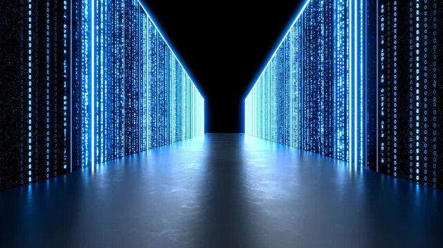 Digital Corridor with Blue Binary Code Glowing in the Dark for Technology and Cyber Security Themes