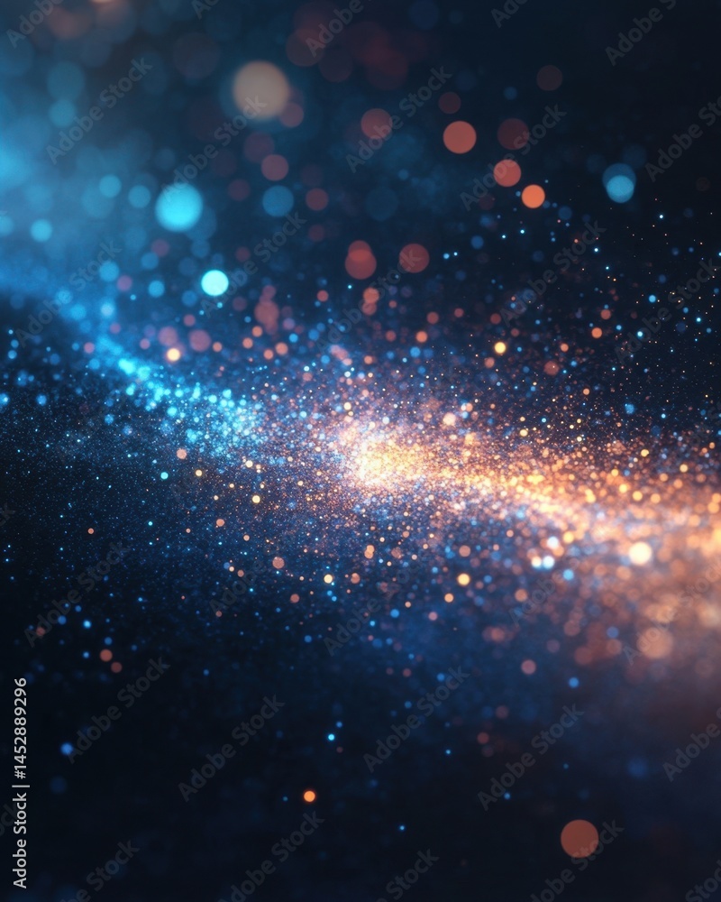 Poster abstract galaxy of blue and orange glitter particles with bokeh effect on a dark background creating