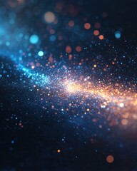 Abstract galaxy of blue and orange glitter particles with bokeh effect on a dark background creating a dreamy and ethereal atmosphere perfect for creative projects