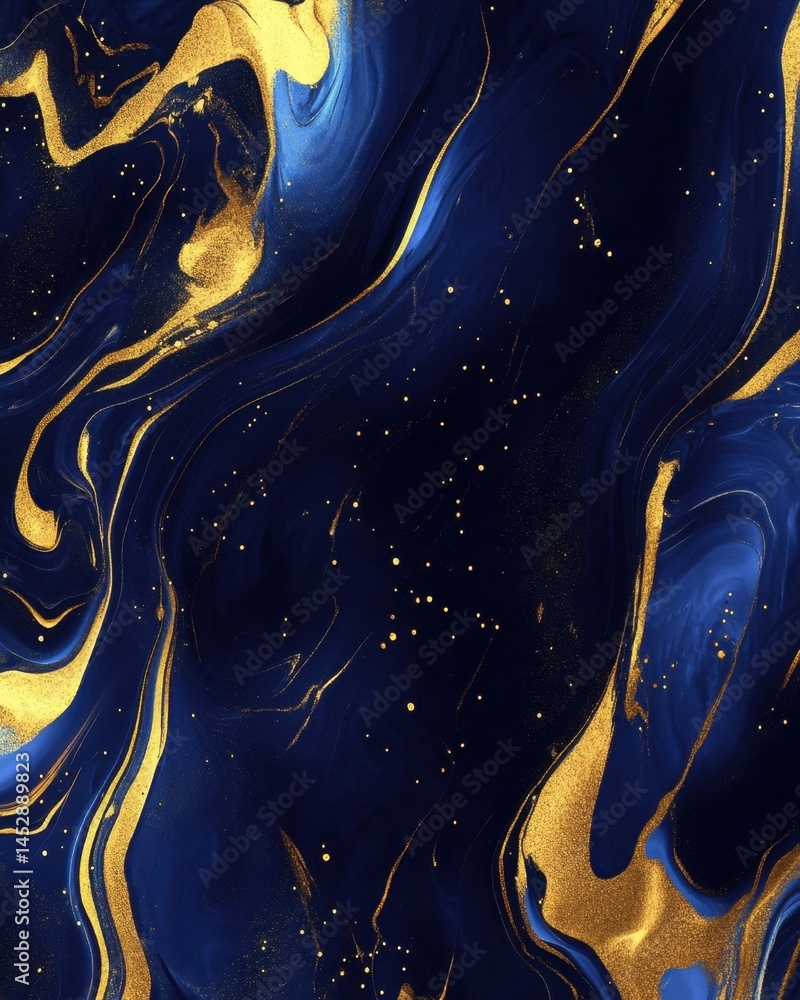 Poster elegant dark blue and gold abstract background with swirling fluid art texture and sparkling golden 