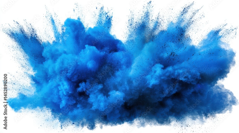 Poster captivating explosion of vibrant blue powder against a clean white background creating a dynamic and
