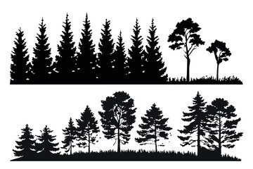 Pine trees silhouettes. Evergreen coniferous forest silhouette, nature spruce tree park view vector illustration. Coniferous woods silhouette © Ibrahim Khalal