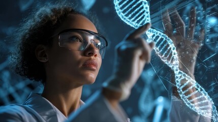 A scientist uses advanced technology to visualize a dna strand in a futuristic laboratory setting.