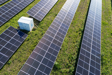Aerial view of solar power station with energy storage