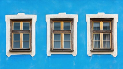 Three Vintage Windows with Blue Wall, and Old Town Charm.