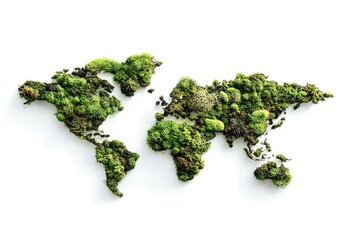 Obraz premium World map-shaped moss arrangement on white background.