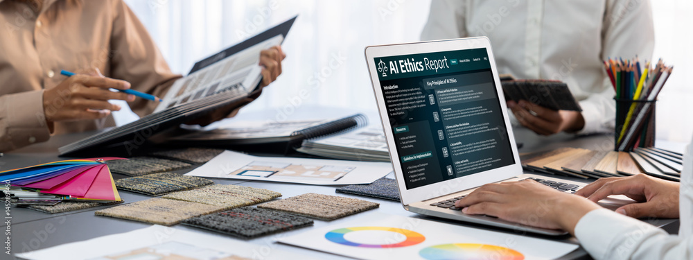 Poster ai ethics responsibility standard law and rules on computer screen provide report of ai ethic transp