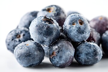 Fresh blueberries glistening with water droplets on a bright white surface creating a refreshing and healthy visual with a clean and modern aesthetic