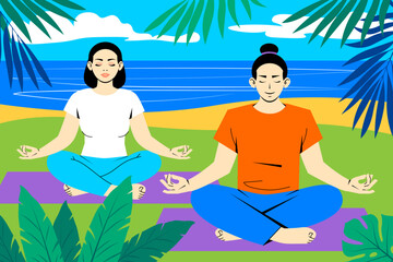 Open air meditation, yoga practice concept. Asian man and woman in sportswear training together on tropical coast. Healthy lifestyle, active recreation.