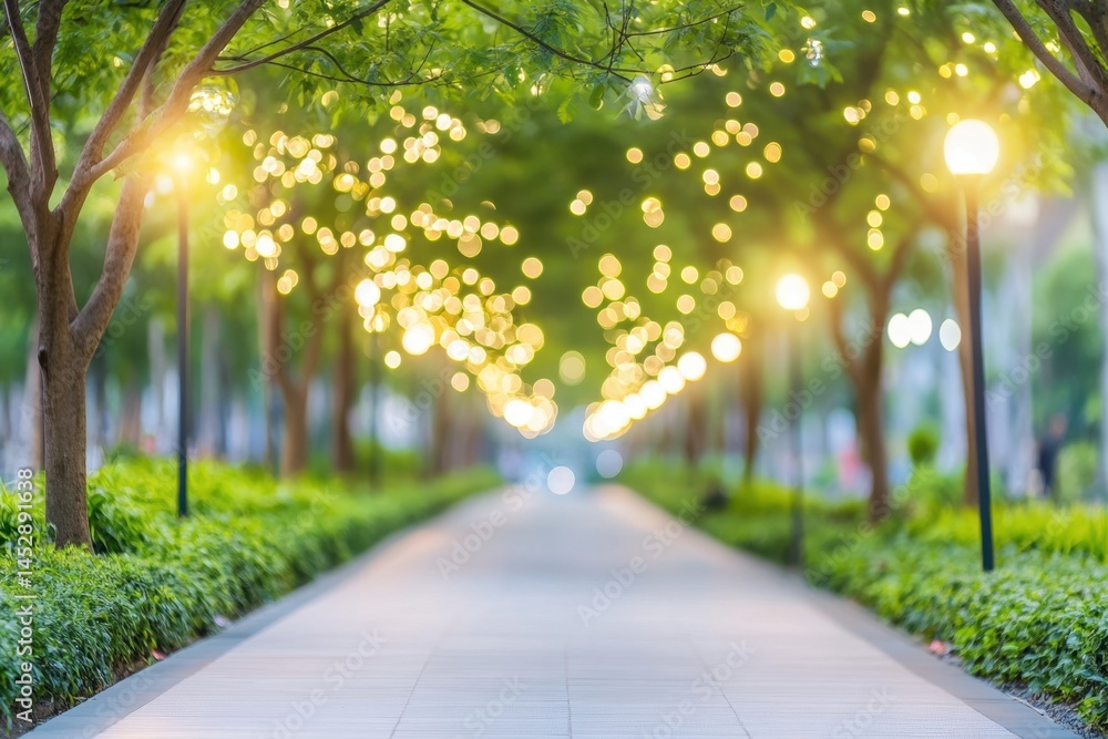 Aufkleber serene walkway illuminated by glowing lights through lush green trees creating a magical ambiance wi