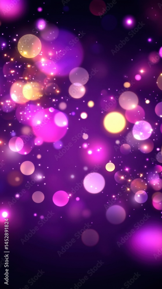 Poster abstract purple background with glowing bokeh lights and sparkling stars creating a magical and fest