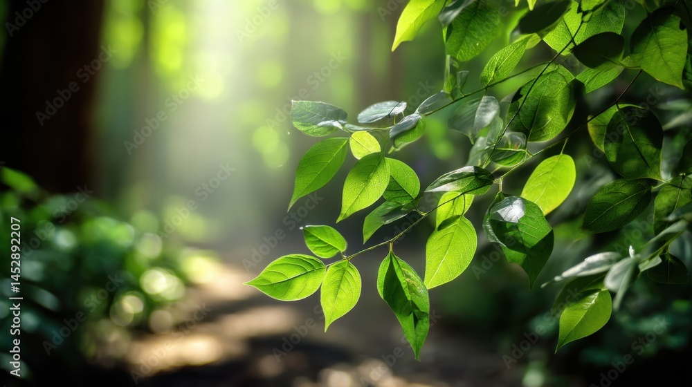 Poster lush green leaves bathed in sunlight create a serene and refreshing atmosphere in a tranquil forest 