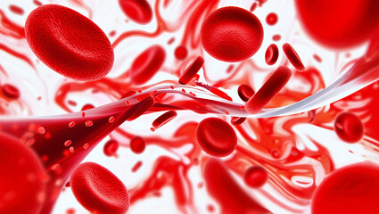 Red blood cells are seen flowing through a vivid and dynamic bloodstream, showcasing the movement and vitality of the circulatory system. This representation highlights health and life.