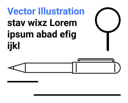 Pen with clip, magnifying glass, bold typography in abstract layout. Ideal for creativity, writing, research, education, technology, business teamwork simple landing page