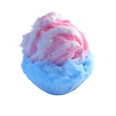 Scoop of icy blue cotton candy ice cream with pink swirl, stylized pastel rendering, clean white space.