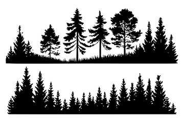 Pine trees silhouettes. Evergreen coniferous forest silhouette, nature spruce tree park view vector illustration. Coniferous woods silhouette © Ibrahim Khalal