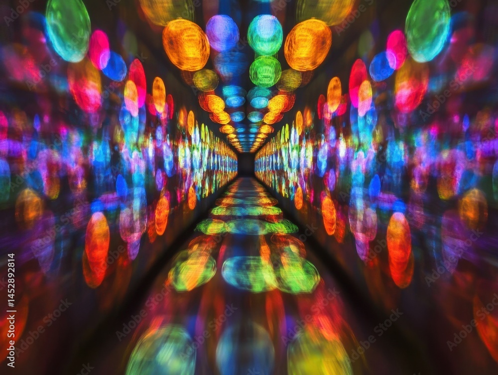 Poster abstract hallway illusion with vibrant colorful light orbs creating a mesmerizing tunnel effect and 