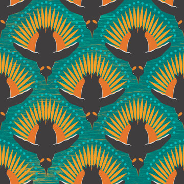 1920 Art Deco design inspired penguin in dive with sunburst at the backdrop, seamless pattern for wallpaper, surface design etc