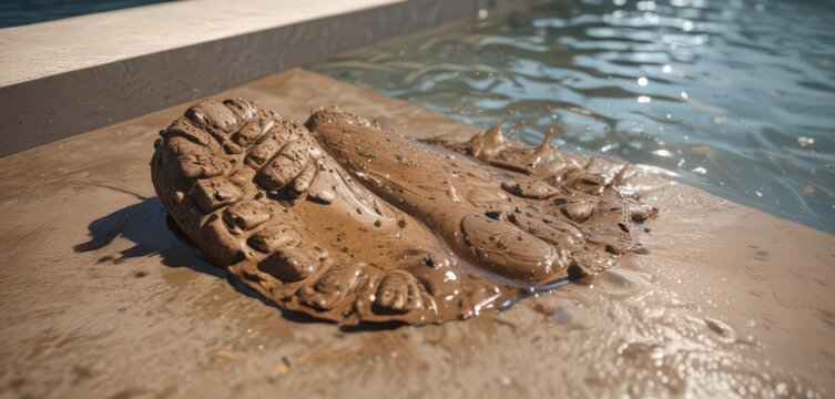 A muddy sole print in a pool, water splashing around it, reflection visible, scene, image