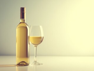 Elegant bottle of white wine with a glass on a table in a bright studio setting showcasing a refined aesthetic and inviting atmosphere for celebration