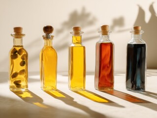Assorted culinary oils and vinegars in glass bottles displayed in a row on a table casting long shadows under natural light creating a warm and inviting atmosphere