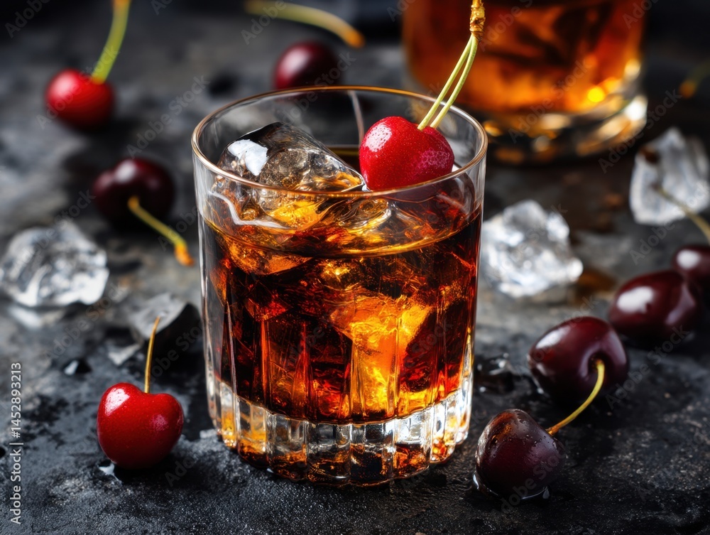 Poster elegant cocktail presentation featuring dark liquor ice cubes and vibrant cherries on a textured sur