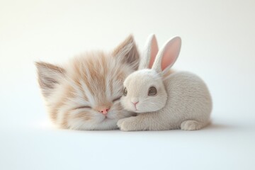 A cuddly light orange kitten snuggles with a fluffy white bunny on a clean, bright white surface.