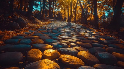 Golden Autumn Path Cobblestone Road in Sunlit Forest.