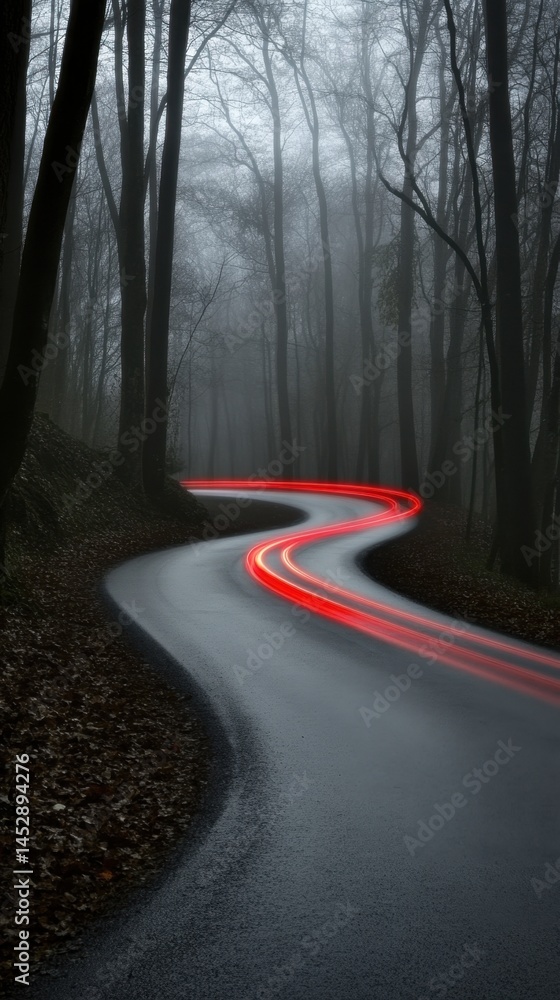 Poster serpentine road through misty forest with vibrant red light trails creating a dynamic motion blur ef