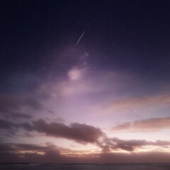 Fototapeta premium Ethereal nightscape with shooting star over tranquil ocean under a celestial canvas of stars and clouds in a dreamy violet and blue hue perfect for stock photography