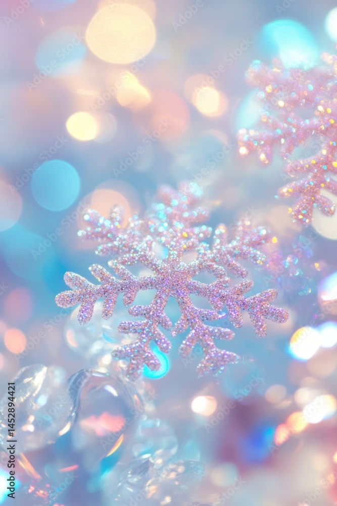Poster captivating winter scene featuring shimmering snowflakes with a soft bokeh background creating a mag