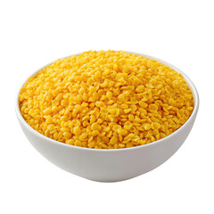 Close up of a white bowl filled with yellow split lentils