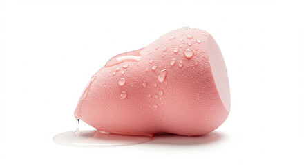 Hydrated Beauty: A vibrant pink makeup sponge glistening with refreshing droplets