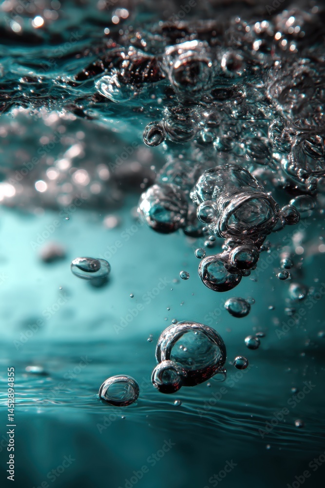 Poster bubbles rising through teal water in a dynamic underwater scene with light and shadow creating a sen