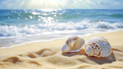 Obraz premium Two seashells on sunny beach with sparkling ocean waves.