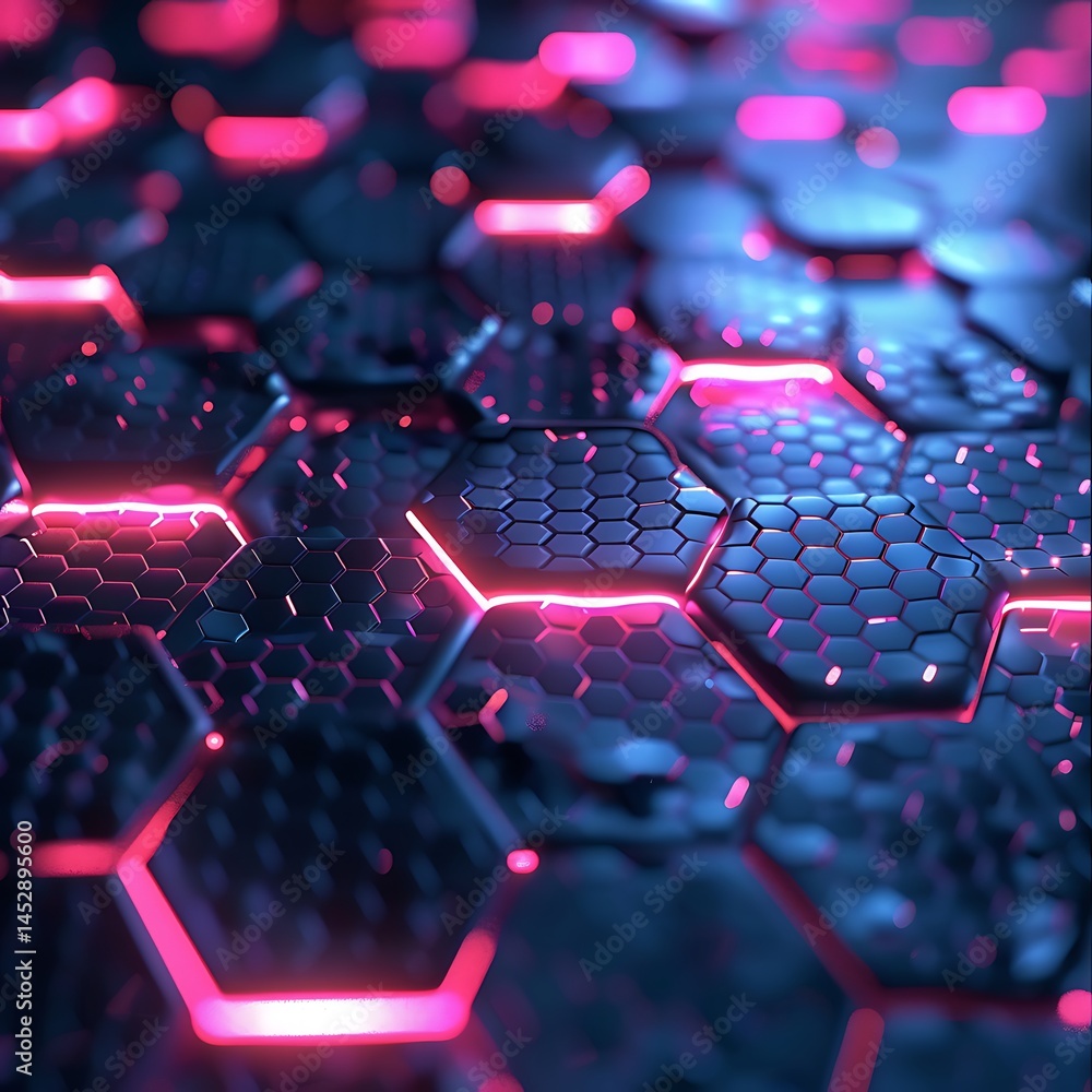Aufkleber close-up perspective view of a futuristic hexagonal grid surface with textured dark blue tiles and g