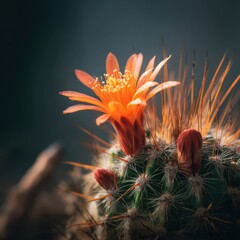 Captivating orange cactus bloom against a dark backdrop showcasing intricate details and vibrant colors in a close up shot creating a serene and natural mood