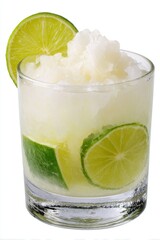 Refreshing caipirinha cocktail with lime slices and crushed ice on white background in studio shot offering a cool and vibrant summer mood perfect for a beverage promotion