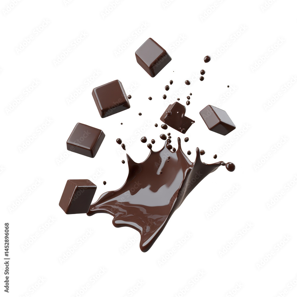 Poster rich dark chocolate cubes splash in mid air, creating dynamic and indulgent scene. glossy texture an