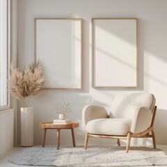 white wall poster mockup frames in living room with beige armchair, table, white rug and left-side natural light, 3d interior rendering