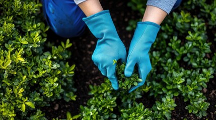Fototapeta premium Gardeners Hands Planting Boxwood with Spring Garden.