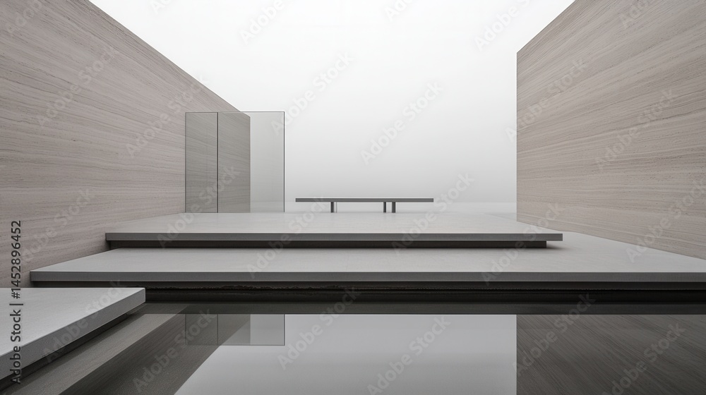 Poster serene architectural space with minimalist bench and reflecting pool creating a tranquil atmosphere 